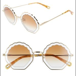 Chloe Gold, Azure & Burnt Tally 56mm Scalloped Sunglasses Authentic New